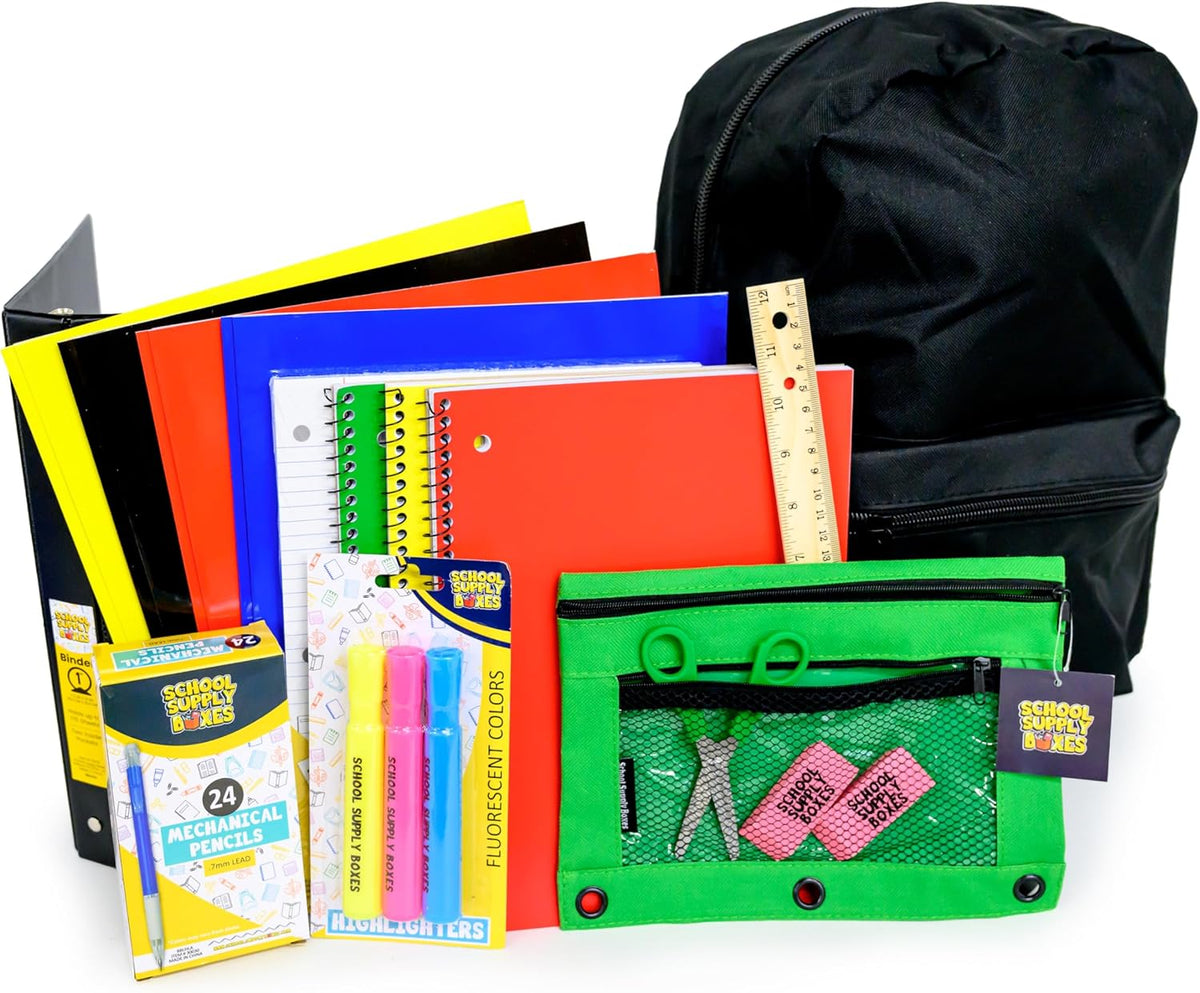 School Supply Boxes | 17" Clear & Black Backpack Bundle | Back to School Set for High School Students | 1 Backpack, Case (6), Pallet (180)