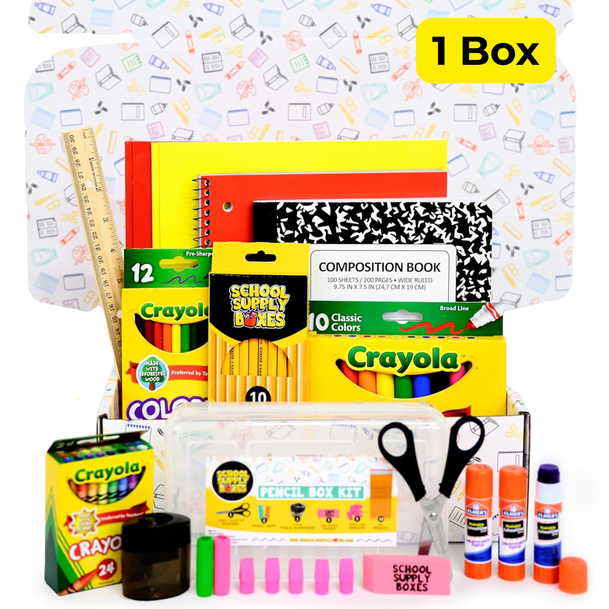 School Supply Boxes | K–5 Bundle | Complete School Supply Kit with Notebooks, Art & Writing Supplies | Box (1), Case (4), Pallet (180)