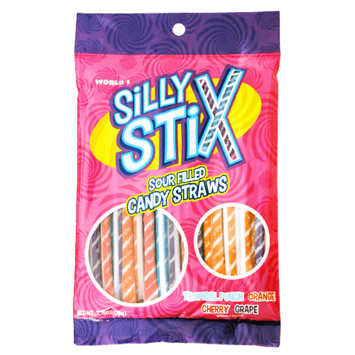 WORLD’S Silly Stix Sour Filled Candy Straws – Assorted Fruity Flavors, 2.75 oz Peg Bag (1, 3 & 12 Packs)